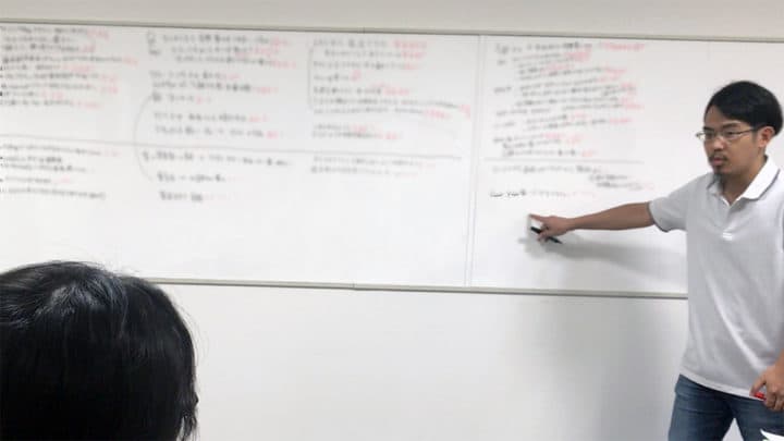 ファシリテーターがホワイトボードを指差す様子
