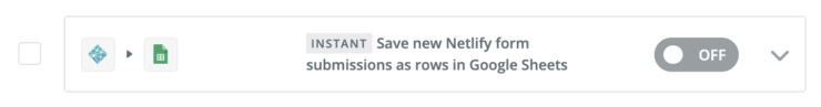 Zapier のダッシュボードに追加された Netlify とスプレッドシートの連携の Zap