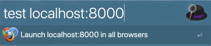 Alfredに「test localhost:8000」と入力してWorkflowが有効になっている状態の画像