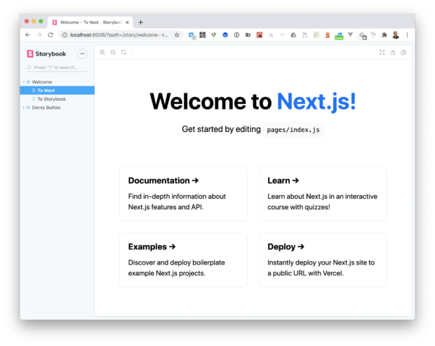 Storybook に Next.js の Home コンポーネントを追加した画面のスクリーンショット