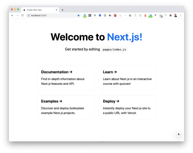 Next.js を実行したトップページのスクリーンショット