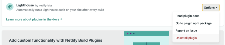 プラグイン一覧画面の Lighthouse プラグインの Unstall plugin ボタンを選択している状態のキャプチャ画像