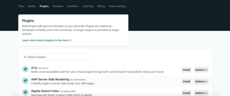Netlify の管理画面で Plugins タブを開いた状態のキャプチャ画像